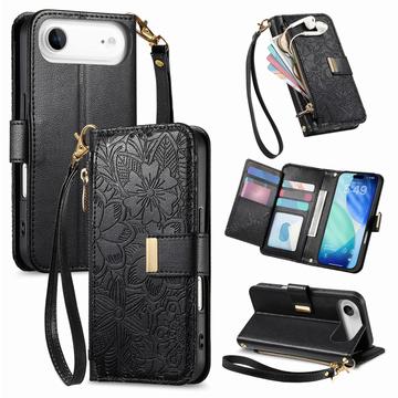iPhone Air Wallet Hülle mit Blumen und Blattmuster mit Reißverschlusstasche & Handgelenkband