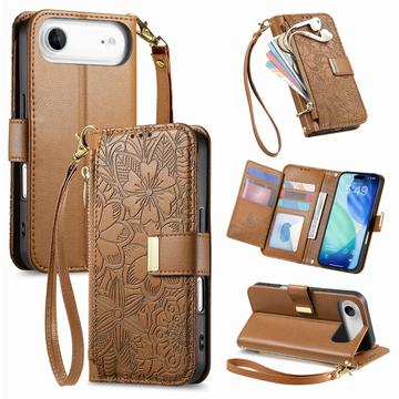 iPhone Air Wallet Hülle mit Blumen und Blattmuster mit Reißverschlusstasche & Handgelenkband - Braun