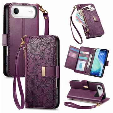 iPhone Air Wallet Hülle mit Blumen und Blattmuster mit Reißverschlusstasche & Handgelenkband - Lila
