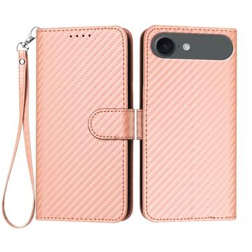 iPhone Air Premium Wallet Hülle mit Riemen - Kohlefaserstruktur - Carbon Pink