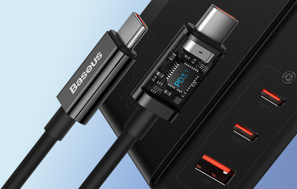Baseus GaN5 Pro 140W Wandladegerät mit USB-C-Ladekabel - 2xUSB-C, USB-A - Schwarz